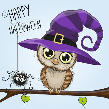 Cute cartoon owl in a witch hat