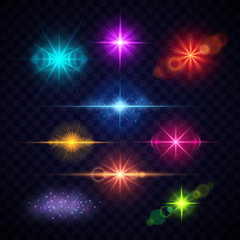 Realistic color lens flare light effects, vector party lights set