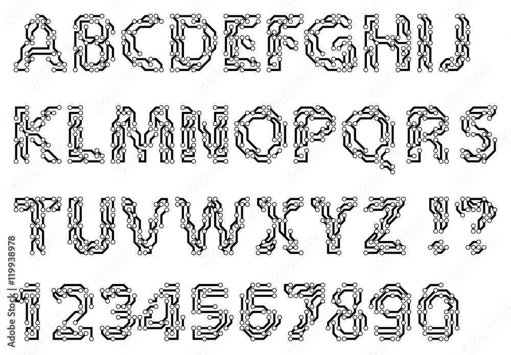 Fototapete alphabet of a circuit style letters and digits. techno style typescript. vector illustration.