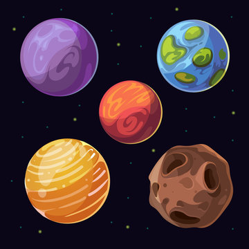 Cartoon alien planets, moons asteroid on space background