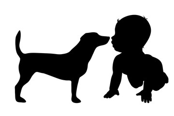 Vector silhouette of child with dog.