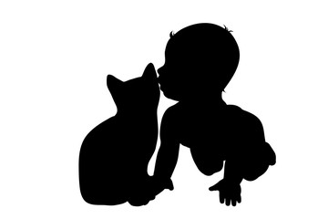 Vector silhouette of child with cat.