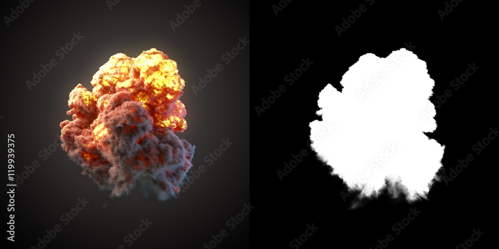 Poster large explosion with black smoke in dark 3d rendering