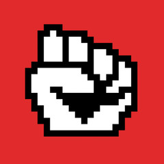 Vector of raised fist as pixelated cursor - metaphor of correlation between computers and modern revolution ( hackers and hacktivism, social media and networking of protesters) 