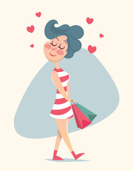 Girl with shopping bags, vector illustration Cartoon style