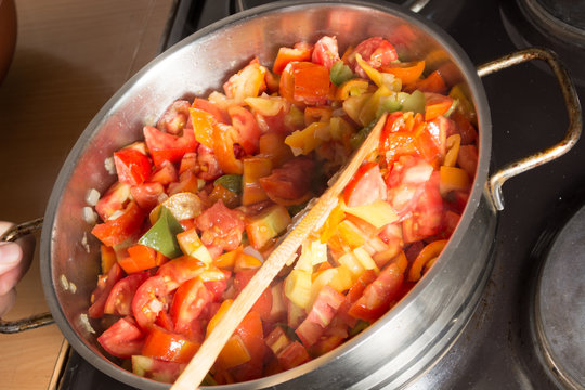 Cooking stew with mixed and colorfull vegetables