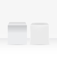 Two White cubes, realistic and glowing versions. Realistic isolated vector illustration. 