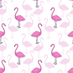 Pink flamingo bird vector seamless pattern design. Beautiful animal hand drawn sketch repeatable background