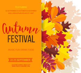 Autumn festival background. Invitation banner with fall leaves. Vector illustration