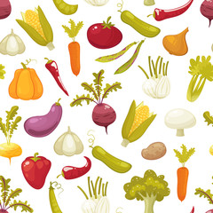 Ecological farming production classical vegetables seamless pattern on white background. Vector illustration retro style