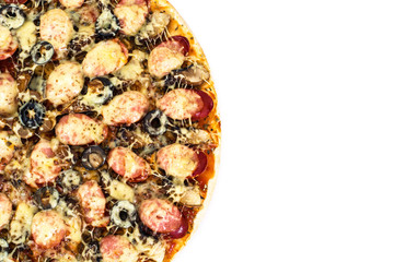 Pepperoni Pizza with Sausage, Cheese, Mozzarella, Olives and Bas