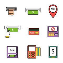 Finance atm and business vector payment card icon set. ATM icons exchange technology payment machine. Finance cash bank card atm icons credit sign banking currency symbol set.