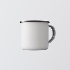 One Blank White Color Metal Coffee Mug Isolated Empty Background. Clean Enamel Cup Mockup Ready Corporate Design Message.Vintage Style.Horizontal Studio Shooting Side View. 3d rendering.