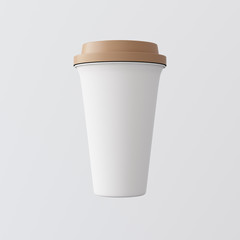 White Plastic Paper Coffee Cup Gray Background.One Take Away Cardboard Mug Closed Color Cap Isolated.Retail Mockup Presentation.Ready Business Message. 3d rendering.