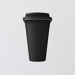 Black Blank Plastic Paper Coffee Cup White Background.One Take Away Cardboard Mug Closed Color Cap Isolated.Retail Mockup Presentation.Ready Business Message. 3d rendering.