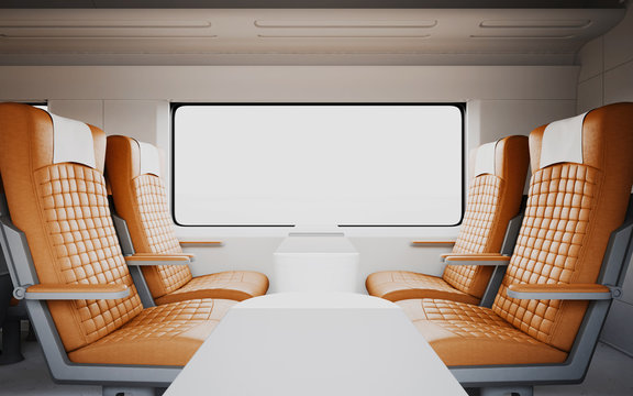 Empty Comfortable Modern Orange Color Leather Armchairs Inside Business Class Cabin Fast Speed Train.White Window Generic Design Interior Background.Blank Canvas Travel Message.Mockup.3d rendering.