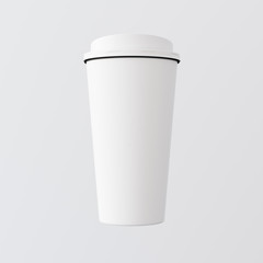White Plastic Paper Coffee Cup Gray Background.One Take Away Cardboard Mug Closed Color Cap Isolated.Black Holder Line Top.Retail Mockup Presentation.Ready Corporate Business Message. 3d rendering.