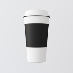 White Plastic Paper Coffee Cup Gray Background.One Take Away Cardboard Mug Closed Cap Isolated.Black Holder Line Center.Retail Mockup Presentation.Ready Corporate Business Message. 3d rendering.