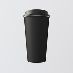 Blank Black Plastic Paper Coffee Cup Empty White Background.One Take Away Cardboard Mug Closed Cap Isolated.Retail Mockup Presentation.Corporate Business Message. 3d rendering.