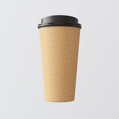 Blank Craft Paper Coffee Cup Empty White Background.One Take Away Cardboard Mug Closed Black Cap Isolated.Retail Mockup Presentation.Corporate Business Message. 3d rendering.