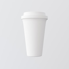 White Cardboard Paper Coffee Cup Gray Background.One Take Away Carton Mug Closed Cap Isolated.Retail Mockup Presentation.Ready Business Message. 3d rendering.