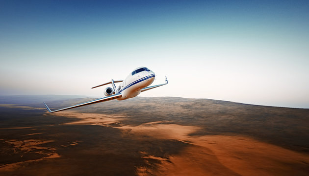 Realistic Photo White Luxury Generic Design Airplane.Private Jet Cruising High Altitude, Flying Over Mountains.Empty Blue Sky with Sun Background. Business Travel Concept. Horizontal. 3D rendering.