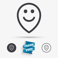 Happy face map pointer symbol. Smile icon.