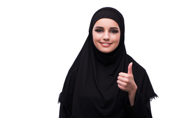 Muslim woman in black dress isolated on white