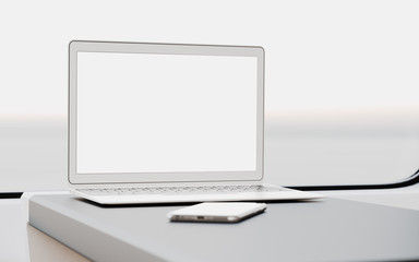 Modern Laptop Blank Screen Table Inside Interior First Class Cabin Fast Speed Train.Empty Window Generic Design Notebook Background.Clear White Display Business Information.Crops Mockup.3d rendering.