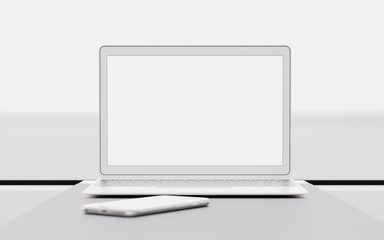Modern Laptop Blank Screen Table Inside Interior First Class Cabin Fast Speed Train.Empty Window Generic Design Notebook Background.Clear White Display Business.Crops Mockup Front View.3d rendering.