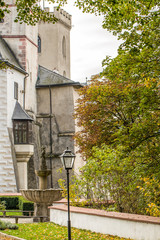 street lamp in front of castle Rozmberk in Czech Republic in fal