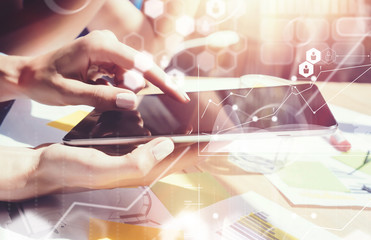 Global Connections Virtual Icon Graph Interface Marketing Researching Process.Business People Diverse Brainstorm Meeting Concept.Woman Working Smartphone Tablet Wood Table.Young Team Startup Sharing.