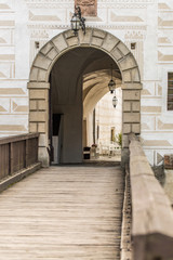 Fototapeta na wymiar bridge leading to entrance gate of Rozmberk castle