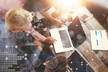 Global Strategy Analysis Virtual Icon Innovation Graph Interface.Coworkers Making Great Online Business Solution.Marketing Team Discussion Corporate Work Concept Office.Startup Creative Idea.Flares.