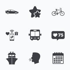 Transport icons. Car, Bicycle, Bus and Ship.