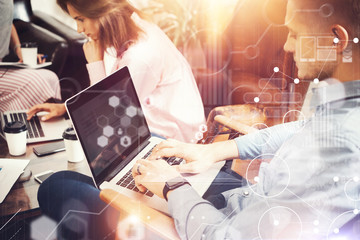 Global Strategy Connection Virtual Icon Graph Interface Diagram Marketing Research Concept.Group Modern Young Business People Gathered Together Discussing Creative Project.Businessman Work Laptop.