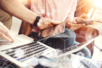 Global Strategy Virtual Icon Innovation Graph Interfaces.Coworkers Making Hand Business Solution.Young Team Sharing Electronic Gadgets Meeting Online.Businessmans Startup Technology Project.Closeup.