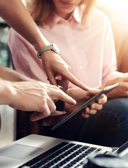 Young Coworkers Team Analyze Meeting Report Electronic Gadgets.Businessmans Startup Online Marketing Project.Creative People Making Great Work Decisions Office.Tablet Laptop.Closeup Blurred Vertical.