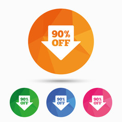 90 percent sale arrow tag sign icon.