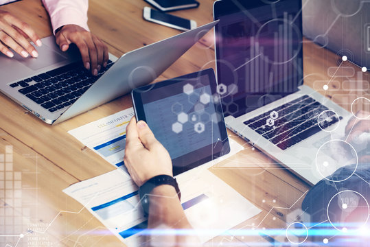 Global Connection Virtual Icon Diagram Interface Marketing Reserch.Business Team Brainstorming Meeting.Coworkers Startup Project.People Making Work Decisions.Electronic Gadgets Graph Screen.Closeup.