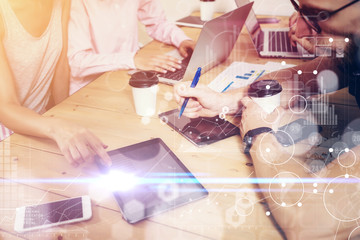 Global Strategy Virtual Icon Innovation Graph Interfaces.Young Business Team Brainstorming Meeting Process.Coworkers Startup Marketing Project.Creative People Making Great Work Decisions Table.Flare.