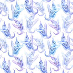 Ghosts seamless pattern.halloween.watercolor hand drawn illustration.white background.