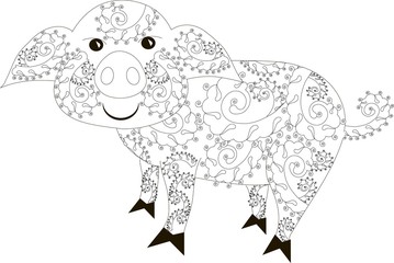 Zentangle stylized pig black and white hand drawn vector illustration