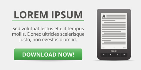 Advertising the e-book. A portable device for reading. Download Now button. Advertising banner for the dissemination of publications in electronic form. Vector isolated on white background.