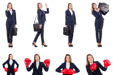 Woman businesswoman with boxing gloves on white