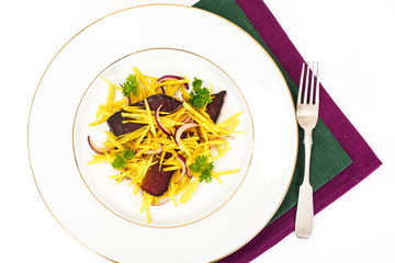Salad of Yellow Beets with Red Onion and Beef Jerky