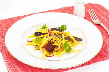 Salad of Yellow Beets with Red Onion and Beef Jerky