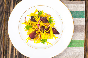 Salad of Yellow Beets with Red Onion and Beef Jerky