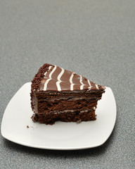 A delicious slice of chocolate cake in a white plate