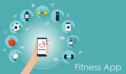 Smart phone with healthy lifesyle icons. Fitness app flat vector illustration